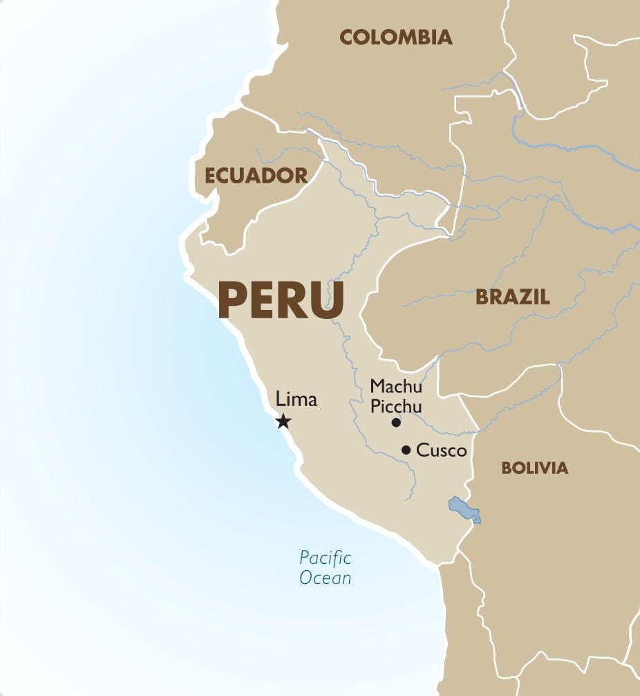 mappa di Perù e nei paesi limitrofi,